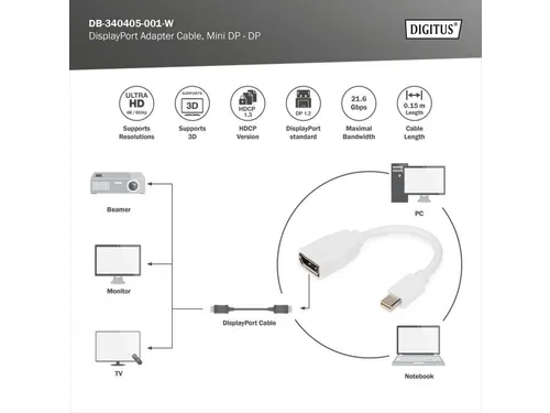DisplayPort-adapterkabel type mini DP DP Male/Female 0,15m UHD 4K Wit