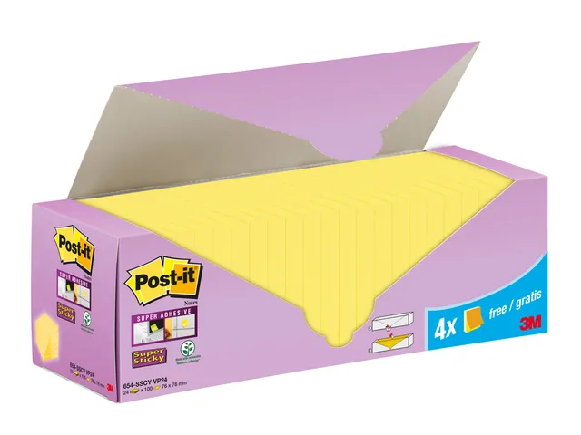 Memoblok 3M Post-it 654-SSCY Super Sticky 76x76mm geel voordeelpak