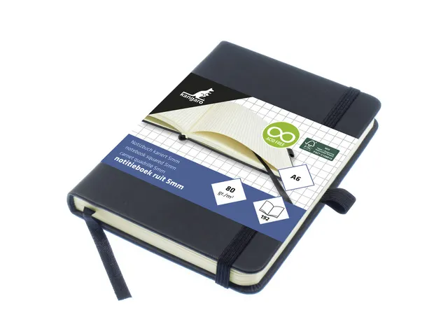 Notitieboek Kangaro A6 zwart ruit 5mm PU HC 96 vel 80 grams