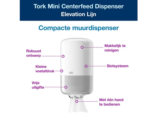 Tork 558000 Elevation M1 Mini Centerfeed Poetspapier Dispenser Wit