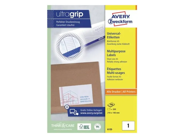 Etiket Avery Zweckform 6135 210x148mm A5 wit 200 stuks