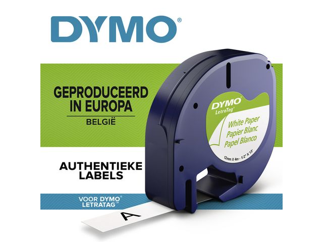 Labeltape Dymo Letratag 91200 papier 12mm zwart op wit S0721510 | LabelprinterOnline.nl