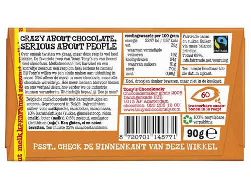 Chocolade Tony Chocolonely melk karamel zeezout reep 90 gram