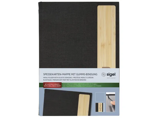 Porte-menu Sigel A5 gris foncé avec insert bambou pour 8 pages