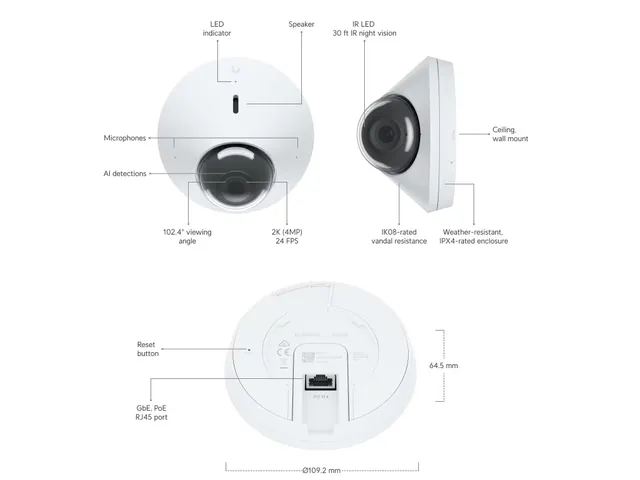 Caméra PoE UVC-G4 Dôme blanc 2K