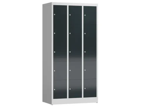 Lockerkast 1800x870x500mm 3x5 vakken cilinderslot, sokkel, RAL7016