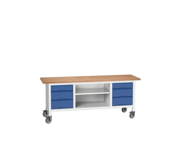 werkbank,HxBxD 830x2000x600mm,multiplexblad,uitrusting: 6laden,legbord