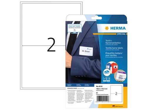 HERMA 4519 Naambadge textieletiket A4 199,6x143,5mm Wit 40 stuks