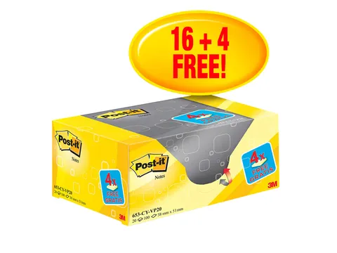 Memoblok 3M Post-it 653 38x51mm geel 16 + 4 gratis