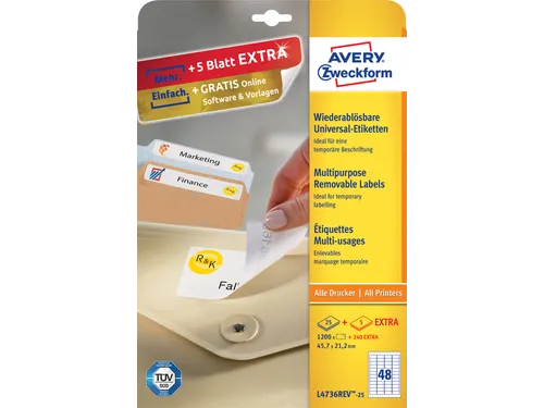 Etiket Avery L4736Rev-25 45.7X21.2Mm Afneembaar Wit 1200 Stuk