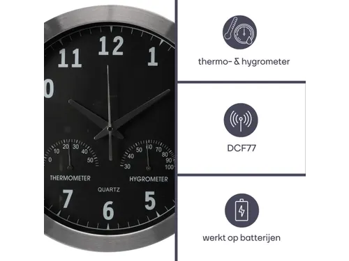 Aluminium Wandklok Met Thermometer & Hygrometer Ø 35,5cm cijfers