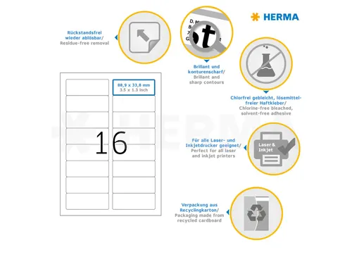 HERMA 10303 Verwijderbare etiketten A4 88,9x33,8mm Wit 1600 stuks