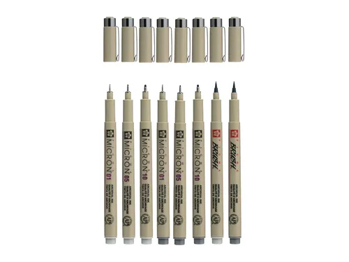 Fineliner Sakura Pigma Micron 6 schrijfbreedtes - 2 brushpen koudgrijs