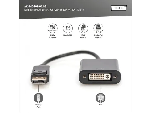 DisplayPort-adapterkabel type DP DVI (24+5) mannelijk/vrouwelijk 0,15m