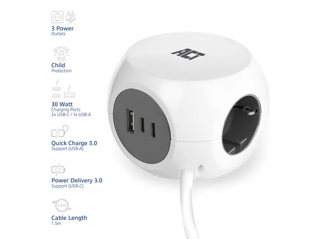 Stekkerblok ACT 3 voudig inclusief 2x USB C en A 1.5 meter wit/grijs