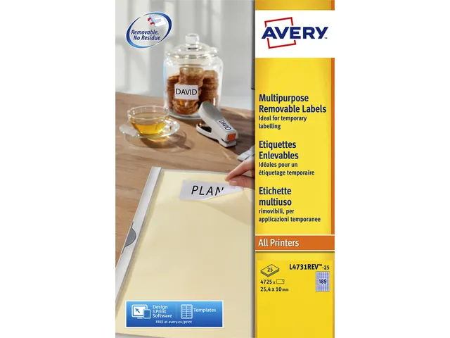 Etiket Avery L4731REV-25 25.4x10mm afneembaar wit 4725stuks