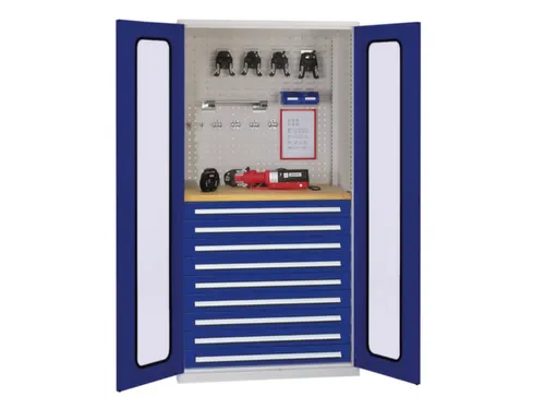 Materiaalkast Vensterdeuren 1950x1000x600mm 9laden 1werkbank Ral5010