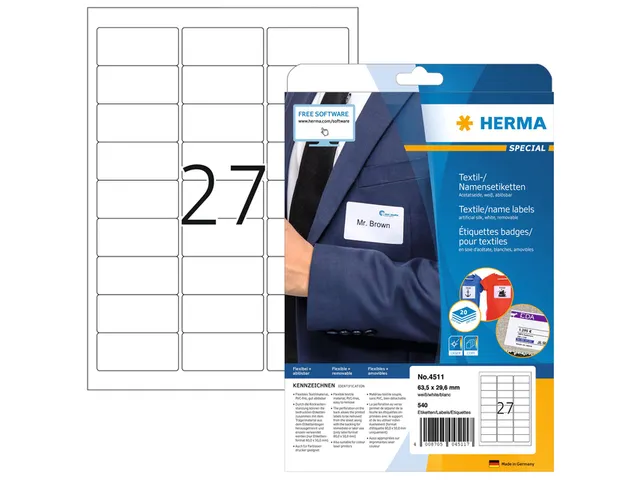 HERMA 4511 Naambadge textieletiketten A4 63,5x29,6mm Wit 540 stuks
