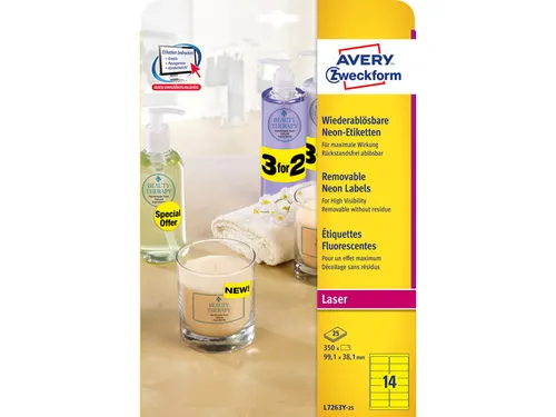 Adresetiket Avery 99.1x38.1mm Neongeel 25 Vel 14 Etiketten Per Vel