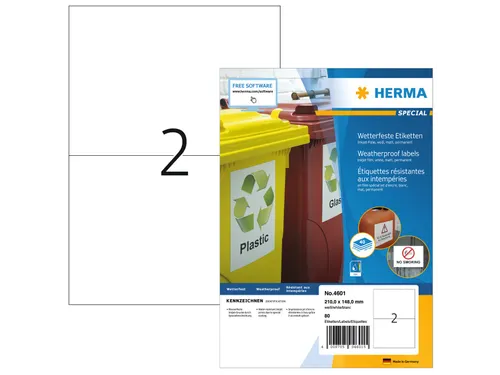 HERMA 4601 Weerbestendige Inkjet-etiketten A4 210x148mm wit 80 stuks