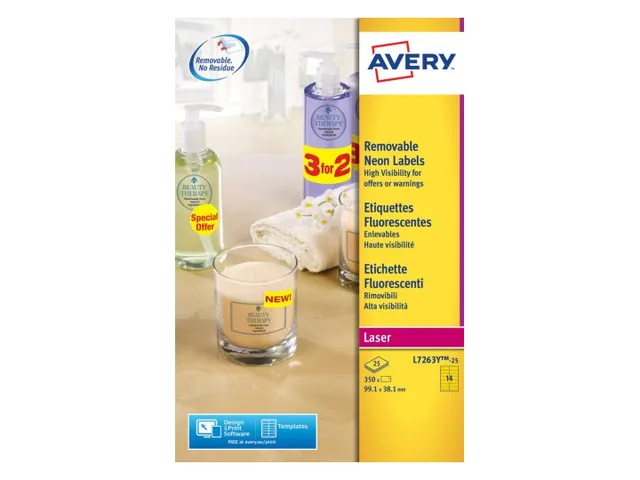Etiket Avery L7263Y-25 99.1x38.1mm neon geel 350 stuks