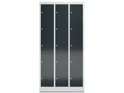 Lockerkast 1800x870x500mm 3x5 vakken cilinderslot, sokkel, RAL7016