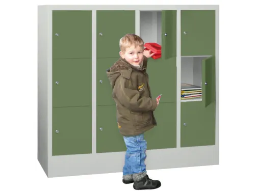 lockerkast,HxBxD 1187x1200x500mm,4x3vakken,RAL7035,front RAL6011