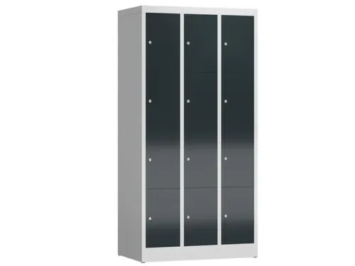 Lockerkast 1800x870x500mm 3x4 vakken cilinderslot, sokkel, RAL7016