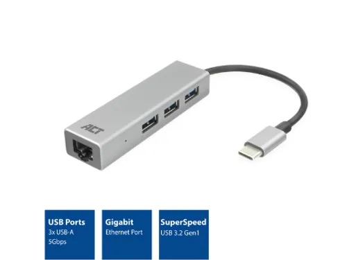 Hub ACT USB-C 3.0 3x USB-A Gigabit ethernet