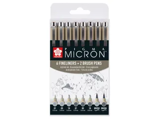 Fineliner Sakura Pigma Micron 6 schrijfbreedtes - 2 brushpen koudgrijs - 1