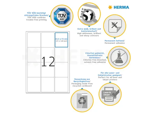 Herma 4266 Premium Adresetiketten A4 63,5x72mm Wit 1200 stuks