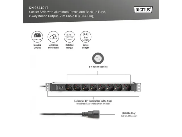 Stekkerdoos met alu profiel +voorzekering 8x Italiaans stopcontact C14