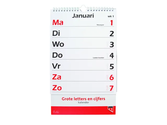 Calendrier 2026 gros caractères lettres et chiffres Quantore