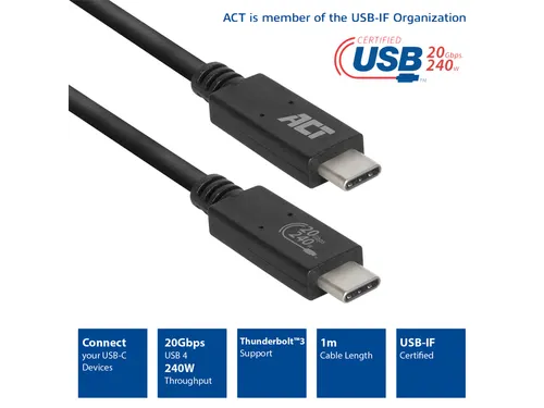 Kabel ACT USB-C USB 4 20Gbps Thunderbolt3 1 meter