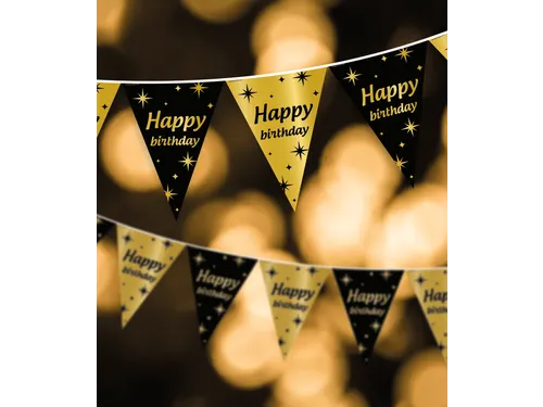 Slinger Folie vlaggen Party Flag Foil 'Happy Birthday' Goud-Zwart 10m