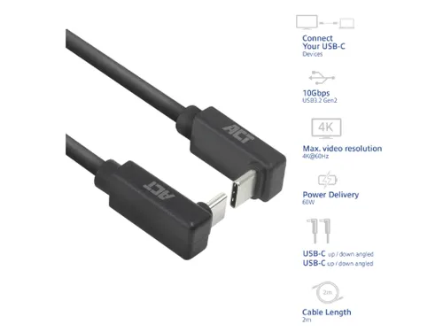 Kabel ACT USB-C hoek boven/beneden 10Gbps 2m