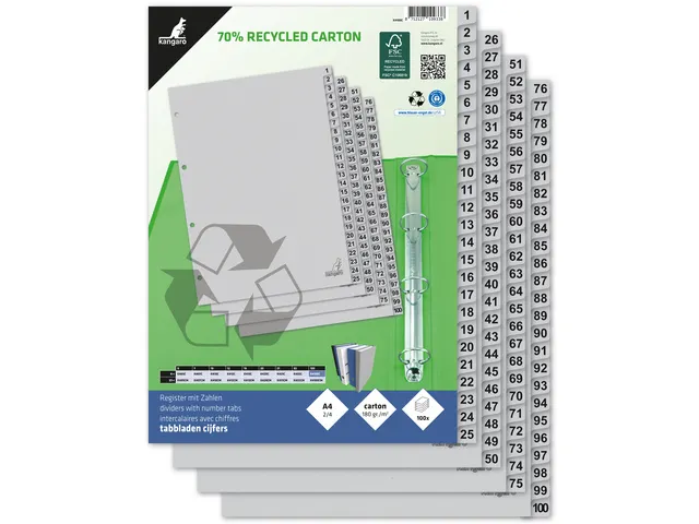 Tabblad ECO Kangaro A4 cijfers 180 grams grijs karton 4-gaats 100-deli