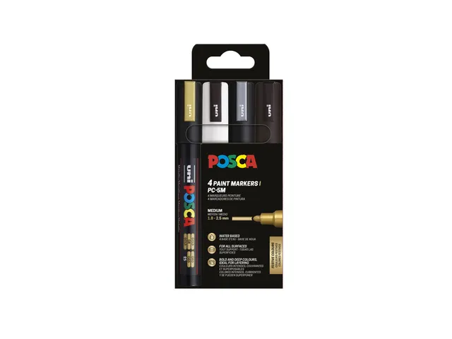 Verfstift Posca PC5M Medium Punt 1,8-2,5mm Assorti Set à 4 Stuks