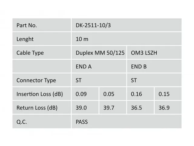 Glasvezel patchkabel, duplex, ST naar ST MM OM3 50/125 µ, 10 m