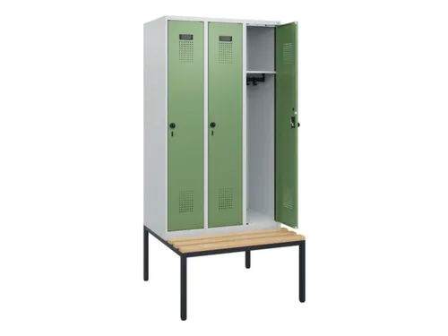 locker met bank,HxBxD 1950x900x815mm,3vak,vak B 300mm,draaigrendel