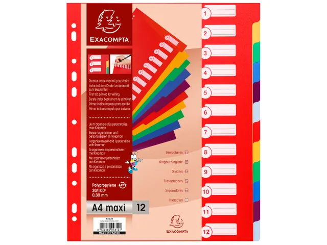 Tabbladen PP opaak A4+ 12 tabs ass