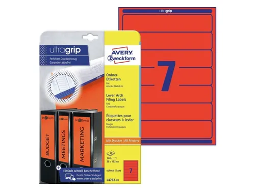 Rugetiket Avery Zweckform smal 38x192mm zelfklevend rood L4762-20