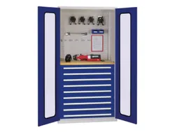 Materiaalkast Vensterdeuren 1950x1000x600mm 9laden 1werkbank Ral5010