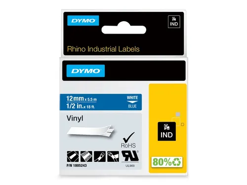 Labeltape Dymo Rhino 1805243 12mmx5.5m Vinyl Wit Op Blauw
