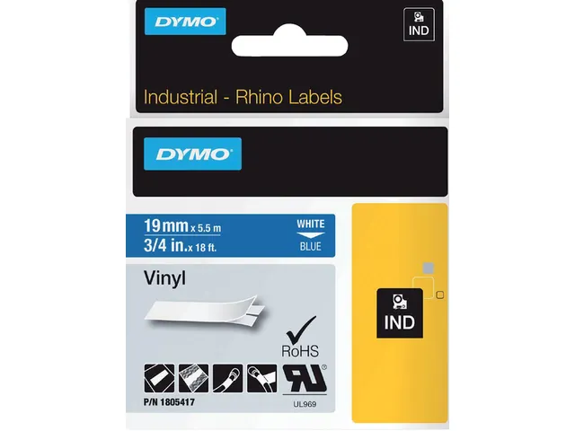 Labeltape Dymo Rhino 18054 19mmx5.5m Vinyl Wit Op Blauw
