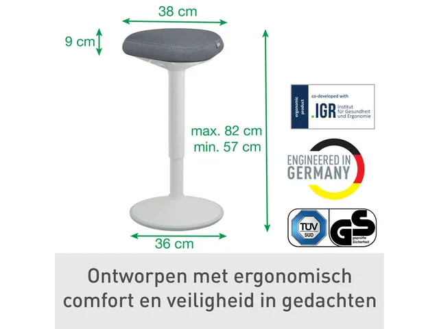 Ergo actieve zit/sta kruk met comfortzitting en gasveer 57-82cm grijs