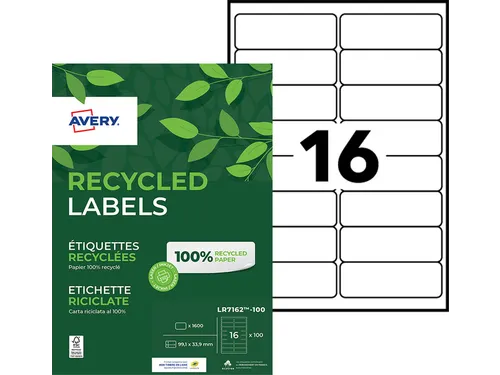 Etiket Avery LR7162-100 99.1x33.9mm Recycled Wit 1600 Stuks