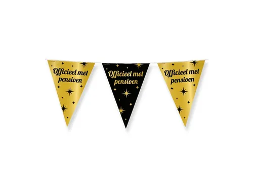Slinger Folie vlaggen Party Flag Foil 'Pensioen' Goud-Zwart 30cmx10m