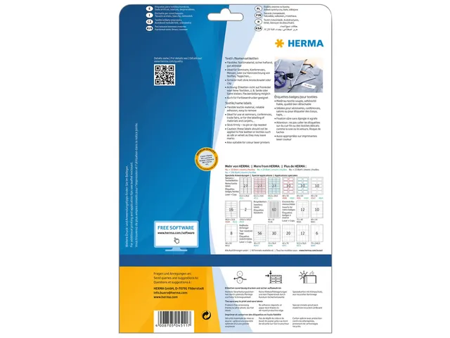 HERMA 4511 Naambadge textieletiketten A4 63,5x29,6mm Wit 540 stuks