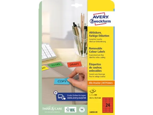 Gekleurde Etiketten Avery Zweckform 63,5x33,9mm Rood 480 stuks